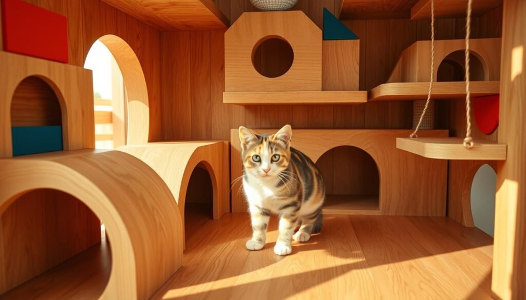 Intricately crafted, interactive puzzle elements for a whimsical DIY cat house. Vibrant wooden shapes in playful geometric patterns, inviting curious feline exploration. Smooth, sanded surfaces in warm tones of oak and maple, accented with pops of primary colors. Strategically placed elevated platforms, tunnels, and swinging perches that challenge a cat's natural curiosity and problem-solving skills. Warm, natural lighting casts a cozy glow, highlighting the intricate design and attention to detail. A harmonious blend of functionality and feline-inspired aesthetics, crafted to delight both cat and owner.