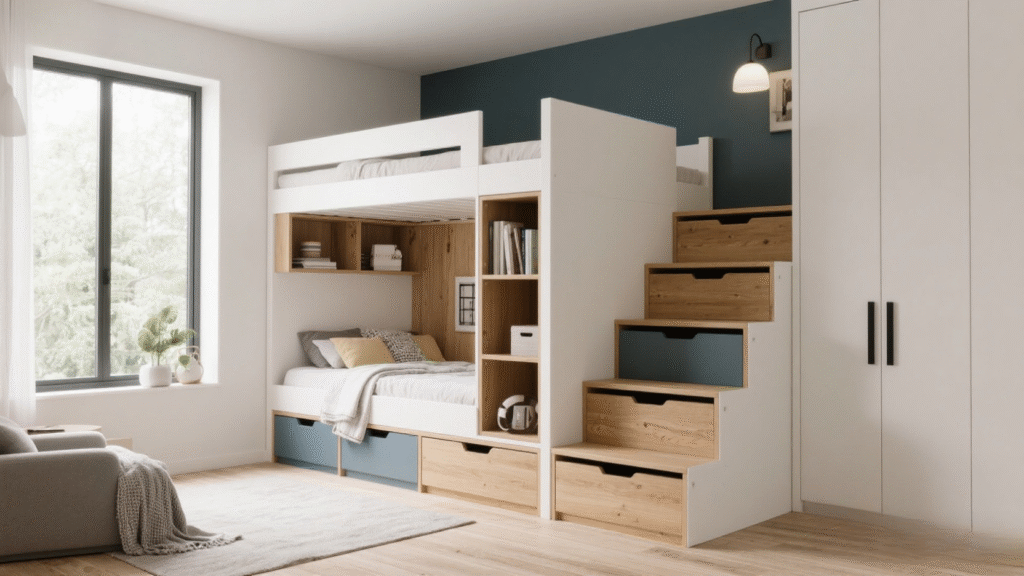 A meticulously crafted loft bed design, showcasing the intricate dimensions and proportions. The scene is captured in a warm, natural lighting, illuminating the wood grain and clean lines of the structure. The camera angle presents a slightly elevated, three-quarter view, providing a comprehensive perspective of the bed's layout, including the integrated storage stairs. The background is a minimal, neutral setting, allowing the loft bed to be the focal point, highlighting its practical and aesthetically pleasing design. Detailed specifications, such as the bed's height, width, depth, and stair dimensions, are clearly visible, providing a valuable reference for the reader's DIY project.