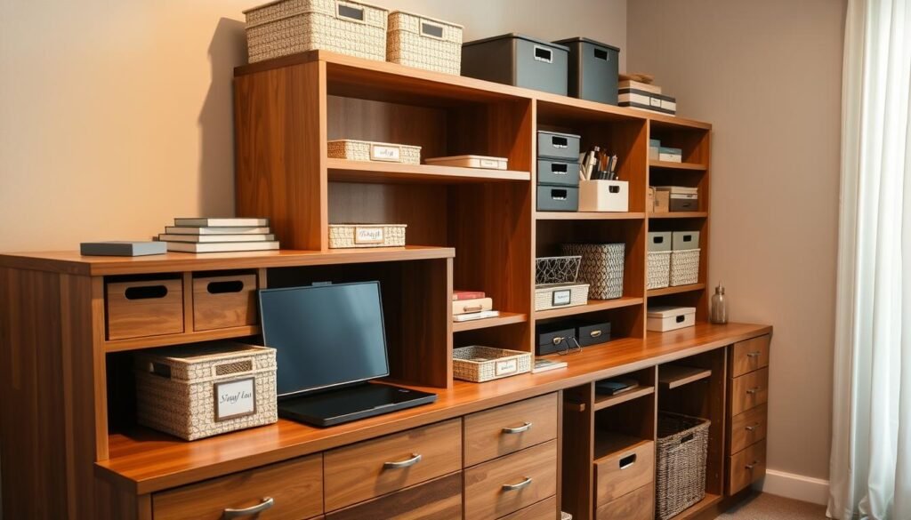 Neatly organized workspace with a stylish wooden dresser featuring an array of compartments, shelves, and drawers. Soft, diffused lighting illuminates the scene, casting a warm and inviting ambiance. The dresser is positioned at an angle, capturing the viewer's attention. Various organizational tools, such as labeled baskets, trays, and decorative boxes, are strategically placed on the shelves, creating a visually pleasing and functional storage solution. The scene exudes a sense of order, productivity, and personal style, perfectly embodying the "Preparing Your Workspace" theme.