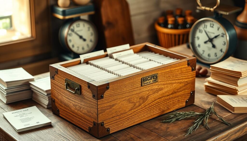 Ornate wooden recipe card box with brass hardware, a hinged lid, and interior dividers. Warmly lit from above, casting soft shadows. Textured oak wood with natural grain and a smooth satin finish. The box sits atop a rustic wooden table, surrounded by stacks of recipe cards, a vintage kitchen scale, and a few sprigs of dried herbs. The overall mood is cozy, nostalgic, and evocative of a cherished family heirloom. Ornate wooden recipe card box with brass hardware, a hinged lid, and interior dividers. Warmly lit from above, casting soft shadows. Textured oak wood with natural grain and a smooth satin finish. The box sits atop a rustic wooden table, surrounded by stacks of recipe cards, a vintage kitchen scale, and a few sprigs of dried herbs. The overall mood is cozy, nostalgic, and evocative of a cherished family heirloom.