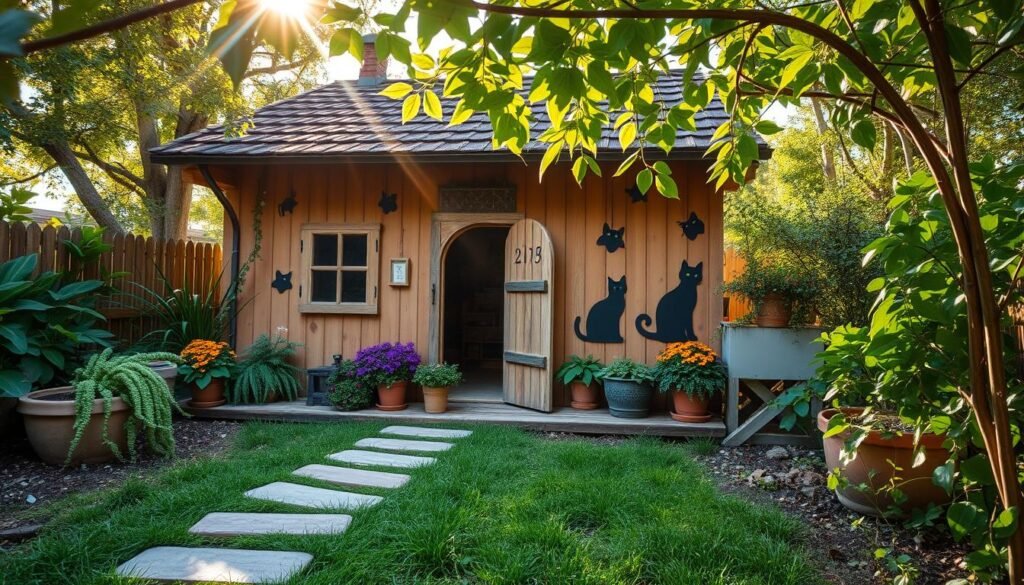 Outdoor cat house, cozy and whimsical, nestled amidst lush greenery. A charming facade with rustic wooden panels and a shingled roof, complemented by fanciful cat-themed decor. Sunlight filters through the branches, casting a warm glow on the scene. In the foreground, a path of stepping stones leads to the entrance, inviting feline exploration. Potted plants and trailing vines add a touch of natural elegance, while whimsical cat silhouettes adorn the walls, creating a playful and inviting atmosphere. Captured with a wide-angle lens to showcase the entirety of this delightful outdoor cat retreat. Outdoor cat house, cozy and whimsical, nestled amidst lush greenery. A charming facade with rustic wooden panels and a shingled roof, complemented by fanciful cat-themed decor. Sunlight filters through the branches, casting a warm glow on the scene. In the foreground, a path of stepping stones leads to the entrance, inviting feline exploration. Potted plants and trailing vines add a touch of natural elegance, while whimsical cat silhouettes adorn the walls, creating a playful and inviting atmosphere. Captured with a wide-angle lens to showcase the entirety of this delightful outdoor cat retreat.