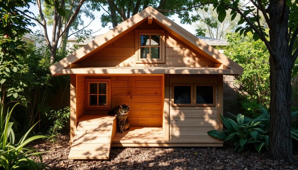 Outdoor cat house design, a cozy and stylish sanctuary for feline companions. A wooden structure with a peaked roof, nestled amidst lush greenery and natural elements. Sunlight filters through strategically placed windows, casting a warm glow on the interior. Intricate details like a ramp, a sheltered porch, and textured surfaces provide comfort and enrichment for the curious cat. The design seamlessly blends into the outdoor landscape, creating a harmonious and inviting environment. Subtle shadows and highlights accentuate the architectural features, while a soft, earthy color palette evokes a sense of tranquility. This image captures the essence of a practical and aesthetically pleasing outdoor cat house, perfect for the "Planning Your DIY Outdoor Cat House" section of the article. Outdoor cat house design, a cozy and stylish sanctuary for feline companions. A wooden structure with a peaked roof, nestled amidst lush greenery and natural elements. Sunlight filters through strategically placed windows, casting a warm glow on the interior. Intricate details like a ramp, a sheltered porch, and textured surfaces provide comfort and enrichment for the curious cat. The design seamlessly blends into the outdoor landscape, creating a harmonious and inviting environment. Subtle shadows and highlights accentuate the architectural features, while a soft, earthy color palette evokes a sense of tranquility. This image captures the essence of a practical and aesthetically pleasing outdoor cat house, perfect for the "Planning Your DIY Outdoor Cat House" section of the article.