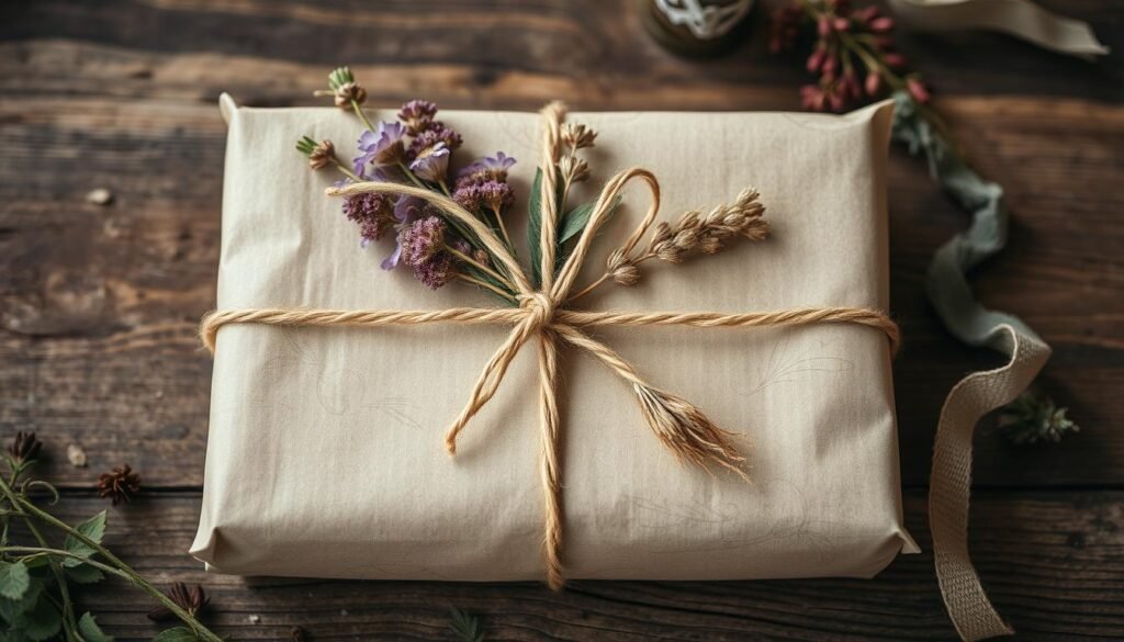 Prompt A beautifully crafted eco-friendly wrapping scene, featuring handmade paper with natural textures and botanical patterns, tied with twine or hemp string. Ribbons of dried flowers, leaves, and herbs adorn the gift, creating a rustic, organic aesthetic. Soft, diffused lighting illuminates the composition, casting warm, earthy tones. The arrangement is placed on a wooden surface or natural background, evoking a sense of harmony with the environment. The overall mood is one of simplicity, sustainability, and heartfelt presentation, perfectly complementing a handmade holiday gift. Prompt A beautifully crafted eco-friendly wrapping scene, featuring handmade paper with natural textures and botanical patterns, tied with twine or hemp string. Ribbons of dried flowers, leaves, and herbs adorn the gift, creating a rustic, organic aesthetic. Soft, diffused lighting illuminates the composition, casting warm, earthy tones. The arrangement is placed on a wooden surface or natural background, evoking a sense of harmony with the environment. The overall mood is one of simplicity, sustainability, and heartfelt presentation, perfectly complementing a handmade holiday gift.
