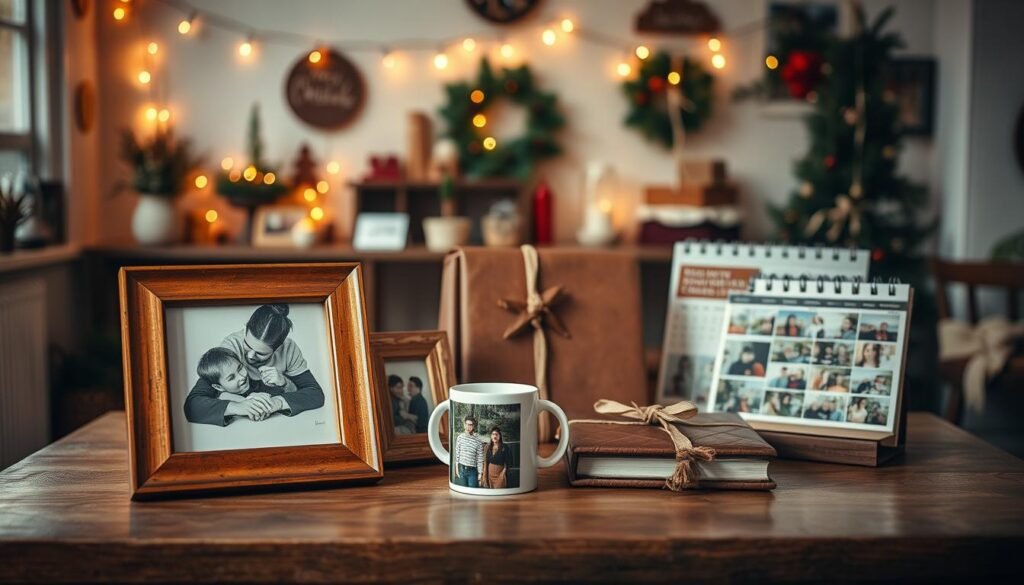 Prompt A cozy, well-lit studio setting with an array of photo-based DIY gifts arranged artfully on a wooden table. In the foreground, a pair of handcrafted photo frames with warm, vintage-inspired finishes stand out. In the middle ground, a custom photo album with a leather-bound cover sits beside a photo-embellished mug and a personalized photo calendar. In the background, a mix of string lights, greenery, and holiday decor creates a festive, homemade ambiance. The lighting is soft and diffused, casting a gentle glow over the scene, and the camera angle is slightly elevated to capture the full composition. The overall mood is intimate, heartfelt, and brimming with personalized, thoughtful charm. Prompt A cozy, well-lit studio setting with an array of photo-based DIY gifts arranged artfully on a wooden table. In the foreground, a pair of handcrafted photo frames with warm, vintage-inspired finishes stand out. In the middle ground, a custom photo album with a leather-bound cover sits beside a photo-embellished mug and a personalized photo calendar. In the background, a mix of string lights, greenery, and holiday decor creates a festive, homemade ambiance. The lighting is soft and diffused, casting a gentle glow over the scene, and the camera angle is slightly elevated to capture the full composition. The overall mood is intimate, heartfelt, and brimming with personalized, thoughtful charm.