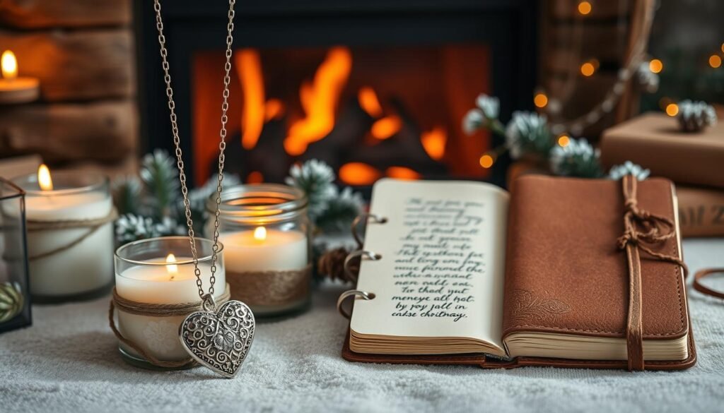 Romantic Christmas gifts for wife: a carefully crafted display of handmade treasures. In the foreground, a delicate necklace with a heart-shaped pendant, adorned with intricate filigree. Beside it, a set of artisanal candles, their soft glow casting a warm, intimate ambiance. In the middle ground, a leather-bound journal with a calligraphed dedication, a thoughtful keepsake to record memories. The background features a cozy, rustic setting, with a gently flickering fireplace and a sprinkling of snow-dusted pine branches, evoking a sense of holiday nostalgia. Soft, diffused lighting highlights the handcrafted details, creating a scene of heartfelt, personalized elegance. Romantic Christmas gifts for wife: a carefully crafted display of handmade treasures. In the foreground, a delicate necklace with a heart-shaped pendant, adorned with intricate filigree. Beside it, a set of artisanal candles, their soft glow casting a warm, intimate ambiance. In the middle ground, a leather-bound journal with a calligraphed dedication, a thoughtful keepsake to record memories. The background features a cozy, rustic setting, with a gently flickering fireplace and a sprinkling of snow-dusted pine branches, evoking a sense of holiday nostalgia. Soft, diffused lighting highlights the handcrafted details, creating a scene of heartfelt, personalized elegance.