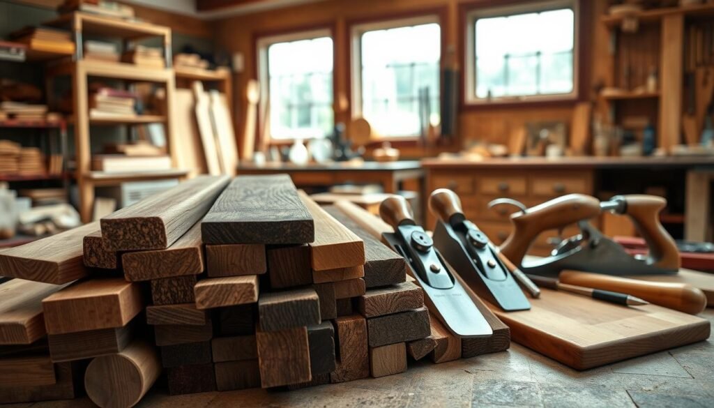 Sophisticated and textured arrangement of premium woodworking materials. Foreground features a selection of exotic hardwoods including maple, walnut, oak, and teak, showcasing their rich grains and natural finishes. Middle ground displays hand-crafted woodworking tools like chisels, planes, and saws with polished metallic accents. Background depicts a warm, softly-lit workshop setting with wooden shelves, workbenches, and tasteful natural lighting from large windows. The overall scene conveys a sense of artisanal craftsmanship, high-quality materials, and thoughtful woodworking expertise.