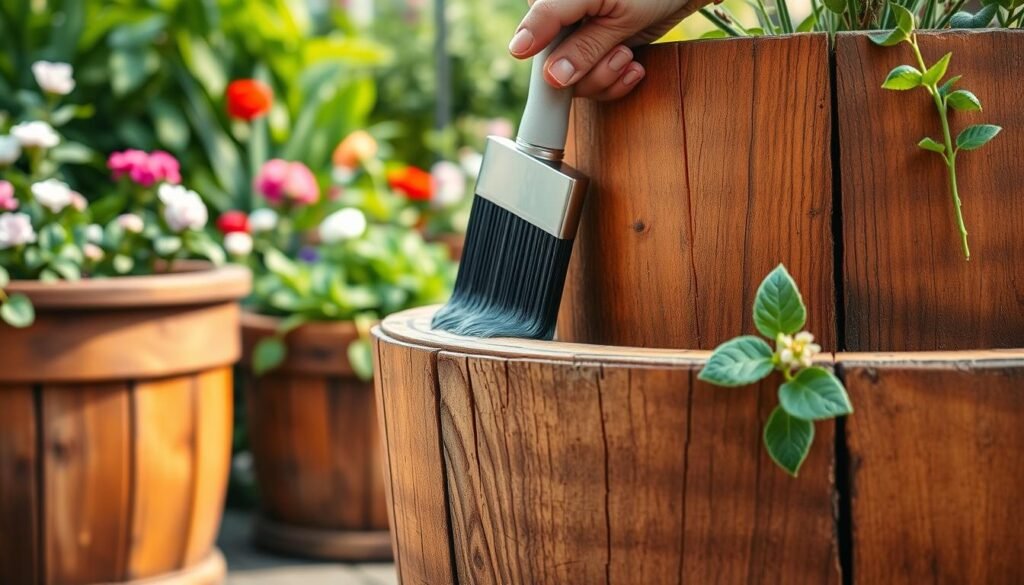 Weathered wooden planters in a well-lit garden setting, with a focus on the process of weatherproofing. Detailed close-up view of a planter being sealed with a weatherproof sealant or paint, highlighting the application technique and the textured wood grain. Surrounding the planter, lush greenery and flowers create a vibrant, natural backdrop, complementing the earthy tones of the wood. The lighting is soft and diffused, casting gentle shadows to accentuate the texture and craftsmanship. The overall composition conveys a sense of care, attention to detail, and a passion for preserving the beauty of handcrafted wooden planters.