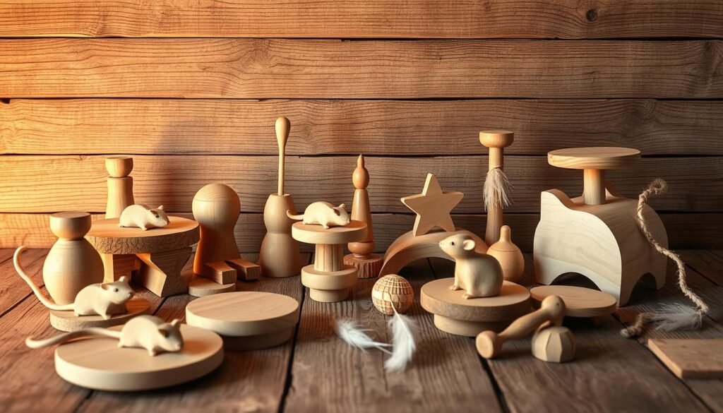 Wooden cat toys in a cozy, rustic setting. A collection of handcrafted, natural wood toys arranged on a weathered wooden surface, illuminated by warm, soft lighting. Varied shapes and textures, such as carved mice, wobbly platforms, and dangling feathers, create an inviting play space. The toys are positioned against a background of wooden planks, evoking the feeling of a charming workshop or a well-loved cat's play area. The scene exudes a sense of craftsmanship, comfort, and playfulness, perfectly suited for a feature on designing delightful wooden cat toys. Wooden cat toys in a cozy, rustic setting. A collection of handcrafted, natural wood toys arranged on a weathered wooden surface, illuminated by warm, soft lighting. Varied shapes and textures, such as carved mice, wobbly platforms, and dangling feathers, create an inviting play space. The toys are positioned against a background of wooden planks, evoking the feeling of a charming workshop or a well-loved cat's play area. The scene exudes a sense of craftsmanship, comfort, and playfulness, perfectly suited for a feature on designing delightful wooden cat toys.
