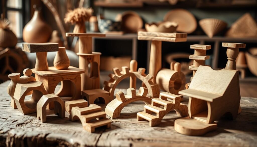Wooden cat toys in a warm, rustic setting. A collection of hand-crafted, natural wooden shapes and figures - perches, bridges, ladders, and more - arranged on a rough-hewn wooden surface, with soft, diffused lighting creating gentle shadows. The toys have a tactile, organic quality, inviting curious paws to explore their nooks and crannies. In the background, a blurred, cozy interior scene with hints of earthy tones and natural textures, creating a serene, welcoming atmosphere for the feline subject. The camera angle is slightly elevated, allowing the viewer to appreciate the thoughtful arrangement and craftsmanship of the wooden playthings. Wooden cat toys in a warm, rustic setting. A collection of hand-crafted, natural wooden shapes and figures - perches, bridges, ladders, and more - arranged on a rough-hewn wooden surface, with soft, diffused lighting creating gentle shadows. The toys have a tactile, organic quality, inviting curious paws to explore their nooks and crannies. In the background, a blurred, cozy interior scene with hints of earthy tones and natural textures, creating a serene, welcoming atmosphere for the feline subject. The camera angle is slightly elevated, allowing the viewer to appreciate the thoughtful arrangement and craftsmanship of the wooden playthings.