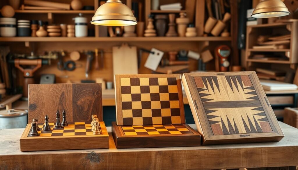 Wooden game boards in a cozy woodshop setting. Handcrafted chess, checkers, and backgammon boards made of richly grained oak, maple, and walnut, arranged on a sturdy workbench. Warm lighting from overhead lamps casts a natural glow, highlighting the intricate details and craftsmanship. In the background, shelves display an assortment of woodworking tools and materials, conveying a sense of expertise and passion for the craft. The scene exudes a sense of rustic elegance and thoughtful gift-making, perfect for the discerning husband. Wooden game boards in a cozy woodshop setting. Handcrafted chess, checkers, and backgammon boards made of richly grained oak, maple, and walnut, arranged on a sturdy workbench. Warm lighting from overhead lamps casts a natural glow, highlighting the intricate details and craftsmanship. In the background, shelves display an assortment of woodworking tools and materials, conveying a sense of expertise and passion for the craft. The scene exudes a sense of rustic elegance and thoughtful gift-making, perfect for the discerning husband.