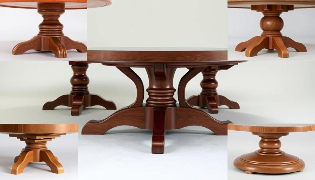 Woodworking round table base designs, showcasing intricate turned, carved, and jointed bases in various hardwoods. A well-lit studio scene with a soft, even lighting highlighting the exquisite craftsmanship and natural grain patterns. Detailed shots of the base construction, showcasing mortise and tenon joints, tapered legs, and elegant, curving profiles. The scene conveys a sense of sophisticated, timeless design suitable for a high-end dining or conference table. Woodworking round table base designs, showcasing intricate turned, carved, and jointed bases in various hardwoods. A well-lit studio scene with a soft, even lighting highlighting the exquisite craftsmanship and natural grain patterns. Detailed shots of the base construction, showcasing mortise and tenon joints, tapered legs, and elegant, curving profiles. The scene conveys a sense of sophisticated, timeless design suitable for a high-end dining or conference table.