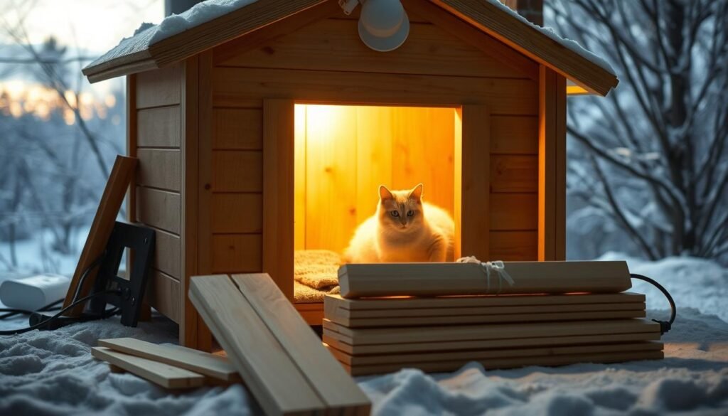 a cozy DIY heated cat house, centered in the frame, constructed with natural wood panels and a slanted roof, illuminated by warm and inviting natural lighting. in the foreground, an array of budget-friendly building materials like scraps of plywood, lengths of 2x4 lumber, and a heat lamp are neatly arranged. in the background, a soft-focus scene of a snowy winter landscape, creating a tranquil and serene atmosphere. the overall composition emphasizes the practical and cost-effective nature of the project, inviting the viewer to consider their own budget-friendly options for keeping their feline friends warm and comfortable this season. a cozy DIY heated cat house, centered in the frame, constructed with natural wood panels and a slanted roof, illuminated by warm and inviting natural lighting. in the foreground, an array of budget-friendly building materials like scraps of plywood, lengths of 2x4 lumber, and a heat lamp are neatly arranged. in the background, a soft-focus scene of a snowy winter landscape, creating a tranquil and serene atmosphere. the overall composition emphasizes the practical and cost-effective nature of the project, inviting the viewer to consider their own budget-friendly options for keeping their feline friends warm and comfortable this season.