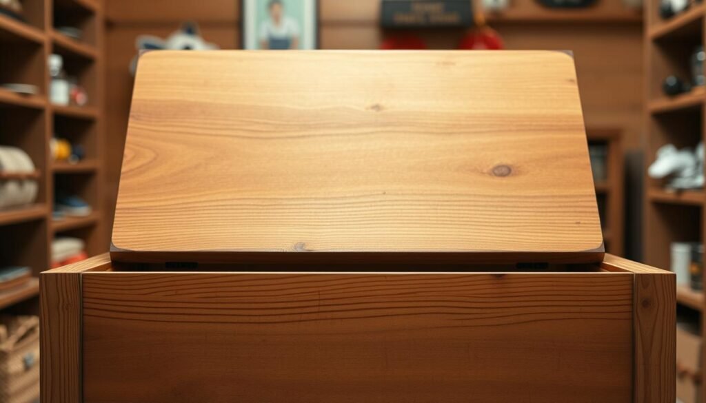 a detailed and realistic wooden dog toy box lid, centered in the frame, with a smooth, sanded surface and a slightly distressed, rustic finish, resting on a sturdy wooden frame with visible joints and a natural grain texture, set against a warm, softly-lit interior with hints of shelving or storage in the background, creating a cozy, inviting atmosphere for a well-organized and functional dog toy storage solution a detailed and realistic wooden dog toy box lid, centered in the frame, with a smooth, sanded surface and a slightly distressed, rustic finish, resting on a sturdy wooden frame with visible joints and a natural grain texture, set against a warm, softly-lit interior with hints of shelving or storage in the background, creating a cozy, inviting atmosphere for a well-organized and functional dog toy storage solution