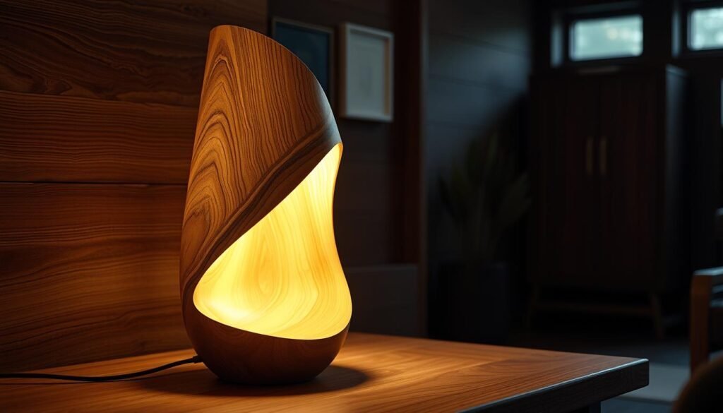 a highly detailed, photorealistic image of a unique, handcrafted wooden lamp design, with a warm and inviting atmosphere. The lamp features a smooth, organic silhouette with intricate wood grain textures and a mix of light and dark tones. The base is a sturdy, tapered shape, seamlessly transitioning into an elegant, slightly curved lamp shade. Subtle lighting emanates from within, creating a soft, ambient glow that casts gentle shadows across the surroundings. The scene is set in a cozy, dimly lit interior with wooden furniture and decor, highlighting the lamp's natural aesthetic and craftsmanship. The composition emphasizes the lamp's artful design and how it would complement a rustic, minimalist living space. a highly detailed, photorealistic image of a unique, handcrafted wooden lamp design, with a warm and inviting atmosphere. The lamp features a smooth, organic silhouette with intricate wood grain textures and a mix of light and dark tones. The base is a sturdy, tapered shape, seamlessly transitioning into an elegant, slightly curved lamp shade. Subtle lighting emanates from within, creating a soft, ambient glow that casts gentle shadows across the surroundings. The scene is set in a cozy, dimly lit interior with wooden furniture and decor, highlighting the lamp's natural aesthetic and craftsmanship. The composition emphasizes the lamp's artful design and how it would complement a rustic, minimalist living space.