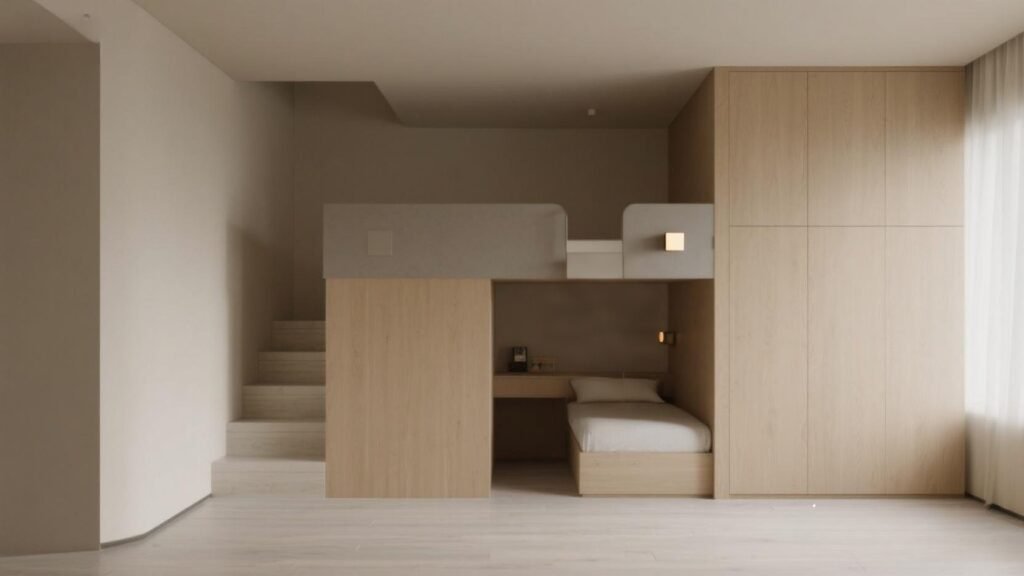 Full-size loft bed with staircase and built-in storage drawers