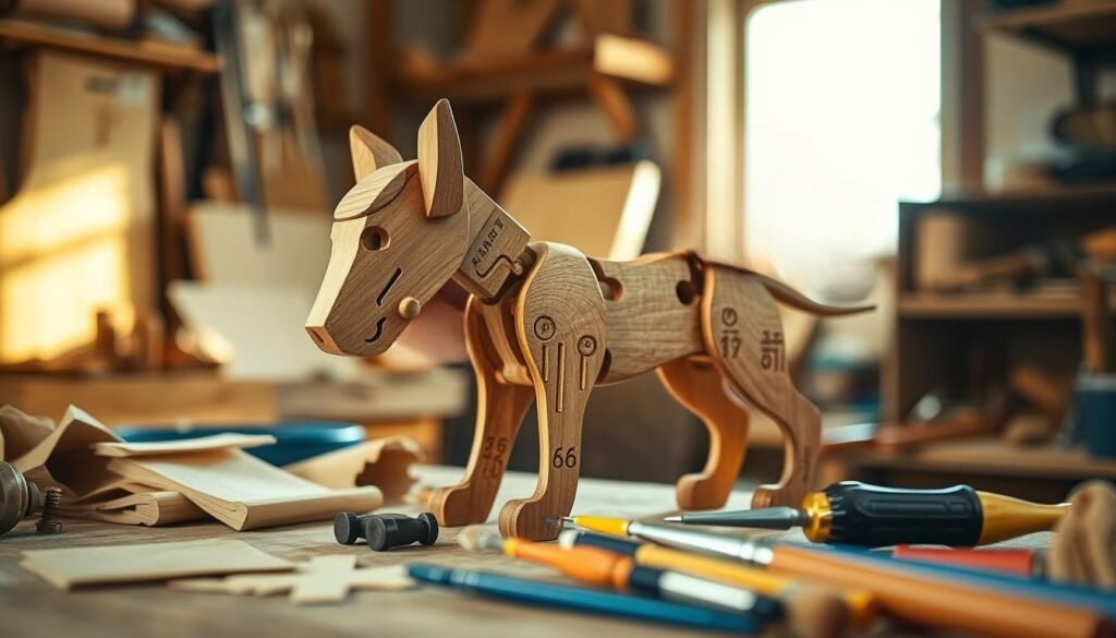 A skilled craftsperson carefully assembles the wooden pieces of a toy dog, their hands deftly connecting the joints and ensuring a sturdy, lifelike construction. The workshop is bathed in warm, natural light, casting a cozy, inviting atmosphere. Intricate carvings and sanded surfaces of the wood components are visible, showcasing the care and attention to detail in the toy's creation. In the foreground, various tools and materials, such as sandpaper, screwdrivers, and paintbrushes, are neatly arranged, ready to be used in the final stages of the assembly process. The overall scene conveys a sense of focused, methodical craftsmanship, capturing the essence of bringing a wooden toy dog to life.