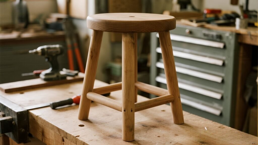 Handcrafted wooden stool with clean joinery and natural finish – beginner-friendly woodworking project
